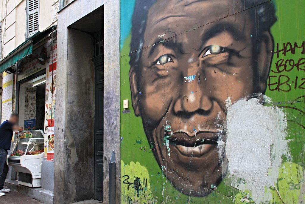 A Street Art of Nelson Mandela in the neighbourhood of Noailles in Marseille. The neighbourhood is known for derelict housing.
